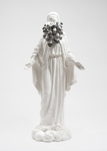 <b>Lead Tears (white), 2012</b><br />24" x 11" x 8"<br />resin figure, lead weights, plaster, paint
